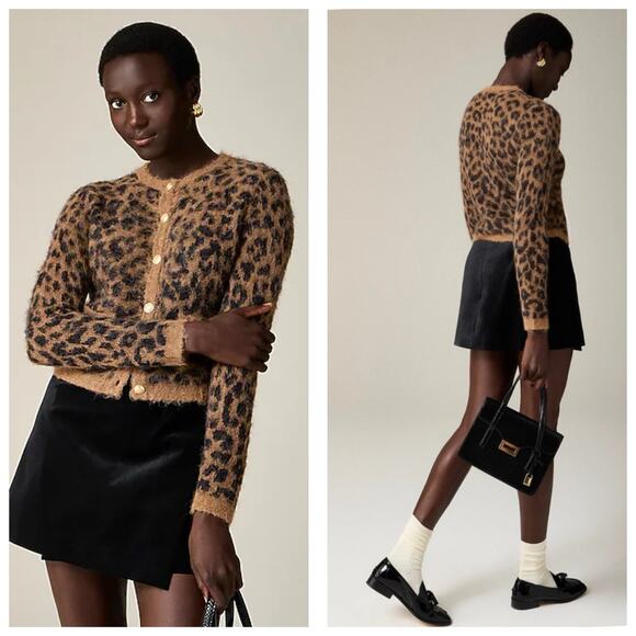 J. Crew Brushed Sweater Lady Jacket Leopard Print Size XXS Wool Quiet Luxury - Picture 1 of 11